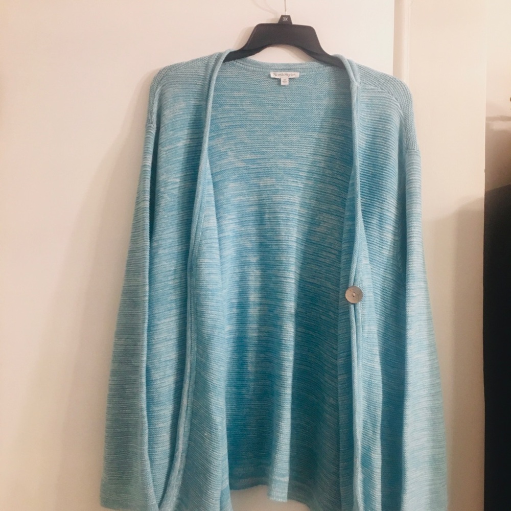 Cardigan Sweater 3X Teal Knit Open Long 1-Button Rolled Trim V-Neck Cottagecore - Picture 2 of 14